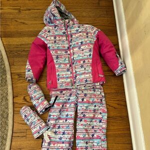 Girls size 7 Spyder ski bib, jacket and gloves